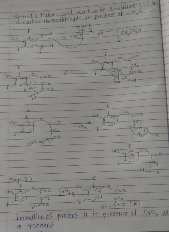 Step-I) Malonic acid react toith 9,5-diftuOTO 2,4 dihydroxybenraldehyde in presenre of s0, Ho CH, SO,H + Ho OH F HT Ho Ho O.
