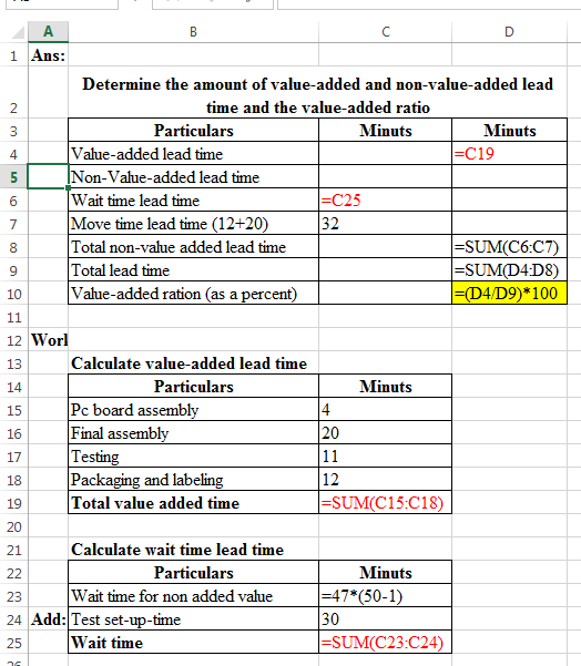 B C D 1 Ans Determine the amount of value-added and non-value-added lead time and the value-added ratio 2 Particulars Minuts