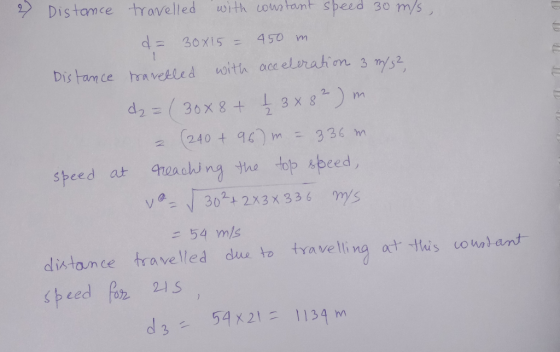 2) Distance travelled with constant speed 30 m/s, d= 30x15 - 450 m Distance baretled with acceleration 3 m/32 d₂ = (30x8 + 13