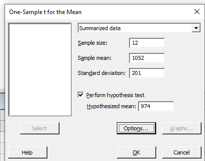 One-Sample t for the Mean x Summarized data Sample size: 12 Sample mean: 1052 Standard deviation: 201 Perform hypothesis test
