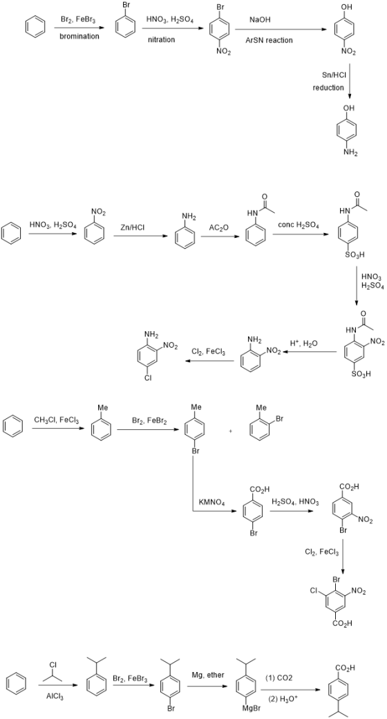 08= = Bra, FeBrz HNO3, H2SO4 NaOH bromination nitration ArsN reaction NO, Sn/HCI reduction NO HNO3, H2SO4 -=-5--5 Zn/HCI conc