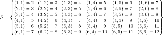 (2.1)-3 (2,2)-4 (2. 3)-5 (2. 4)-6 (2,5)-7 (2,6)=8 (3.1): 4 (3,2)-5 (3, 3-6 (3,4) 7 (3,5)-. 8 (3,6)-9 (4,1) 5 4,2) 6 4,3) 7 (4