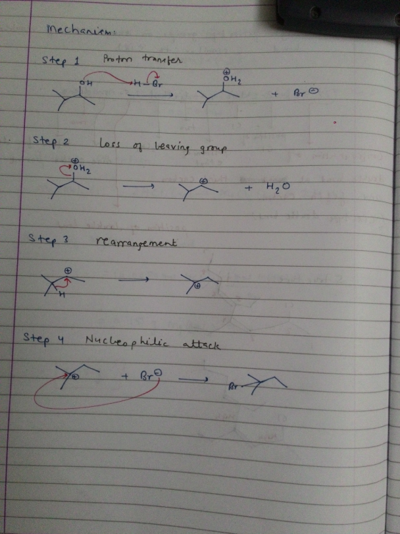 mechanicm Pro tm tranter Step 1 OH2 Loss on lesving gmp Step 2 OH2 + H20 Step 3 reamangement क बैसड Nucleaphilic attsck +Br