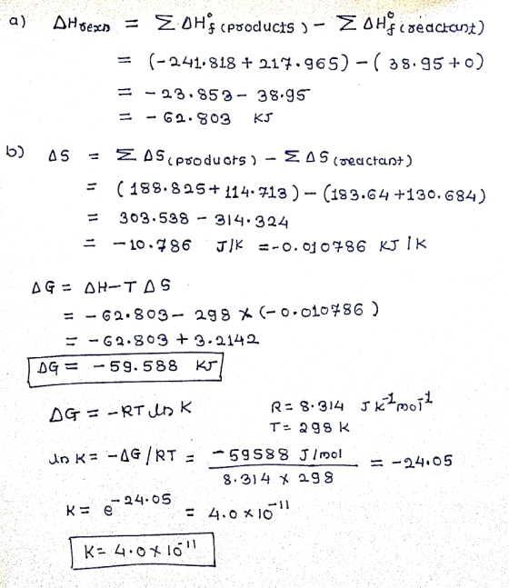 -as Digexp = E OHścproducts 3 – EoH fese actant) = (-241.818 + 217.965) -( 38.95+0) = -23.853- 38.95 = -62.803 kJ b) 05 = EAS
