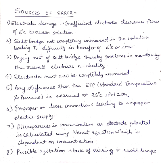 Sovaces Of ERROR 4 Electrode damage Inefficient electrodes decreases flow ofes between solution 2) salt brage not completel