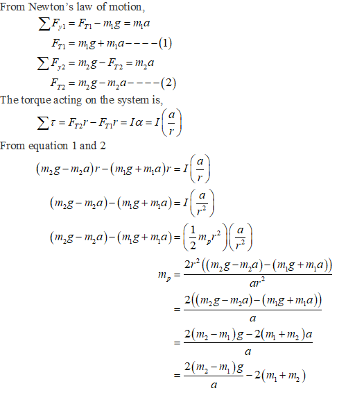 From Newtons law of motion, Fy = Fri-mg = ma Fri = mg+ma----(1) Fy2 = m,g-F12 = m a Fn = m,g-ma----(2) The torque acting on