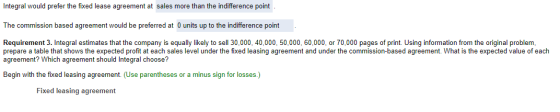 Integral would prefer the fixed lease agreement at sales more than the indifference point The commission based agreement woul