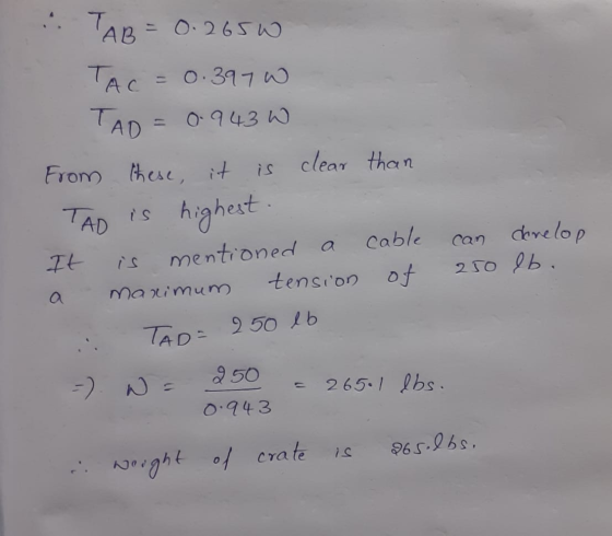TAB = 0.265 W TAC = 0.397 w TAO 0.943 W TAD is From these it is clear than highest cable It mentioned a maximum tension of do