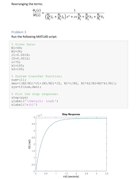 Rearranging the terms: 1 (s) M(s) (N2 N1 N2 I1 + N212) 52 + cs + N1 N2 - kzt N2 Ni ki Problem 3 Run the following MATLAB scri