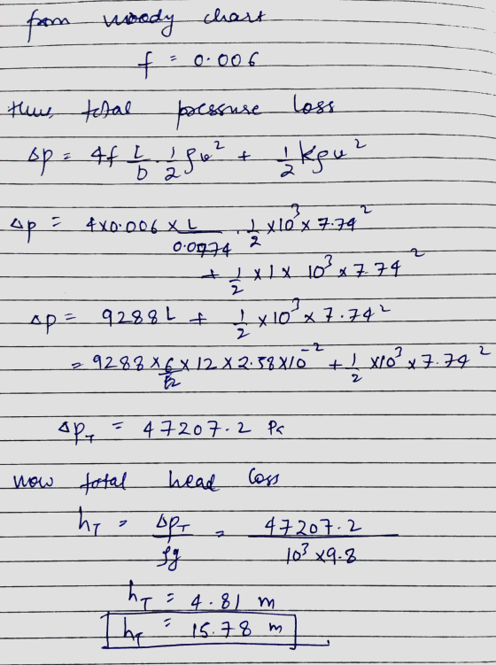 from woody chart f 0.006 thus total sp= 44 1 126² pressure loss keu? + 2 do z 2 4x0.006XL Lx10x 7.74 0:0974 2 xLX 103 x 7.74