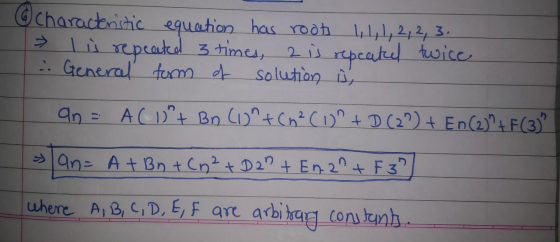 @ Characteristic equation has root 11, 1, 2, 2, 3.. li repeated 3 times, 2 is repeated twice 1. General form of solution is a