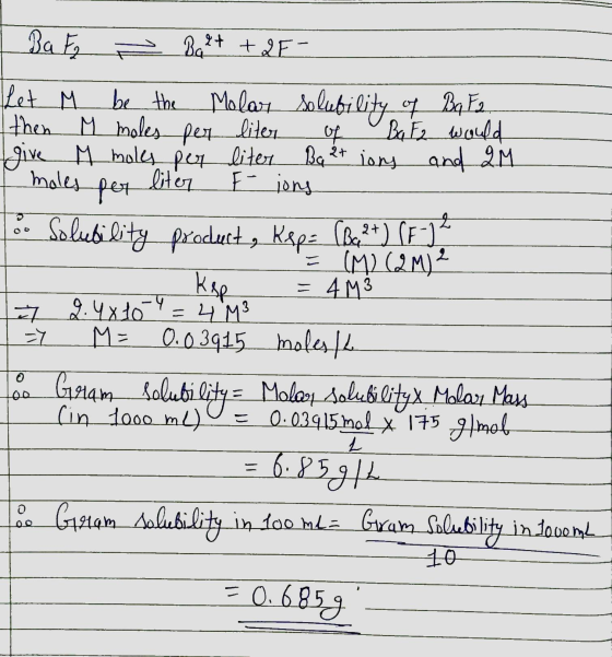 Ba Fe ~ Belt +2F- Let M be the Molar solubility of Bg F2 then M moles per liter of Ba Fz would Igive M moles per liter Ba 2+