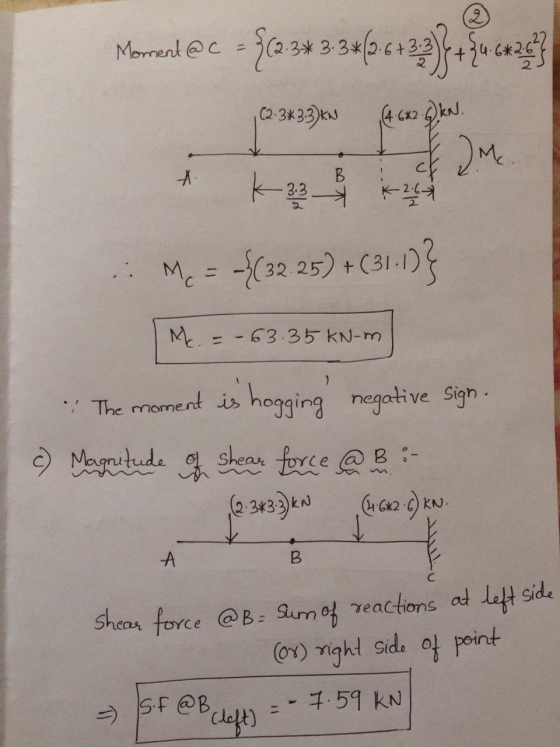 2 Moment @c = {(23* 23*26423)}+{ucxaf} , (2.3*3.3) KN (4 6x2.2 kN. & 2 me # K 33 K-265 Me = {(32.25) + (31.1)} Mc. = -63.35