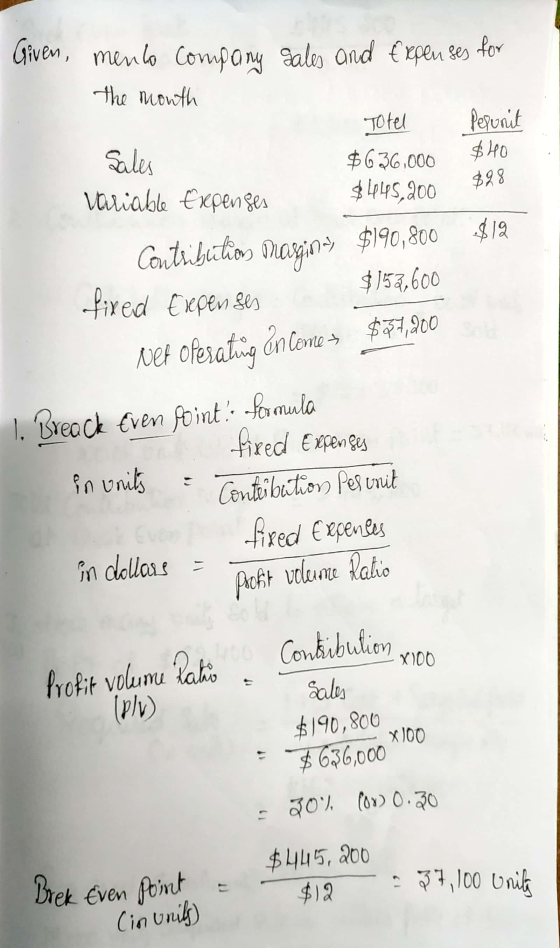 Given, mento company sales and Expenses for the month Totel Peronit Sales $636,000 $10 variable Erepenses $145,200 $98 $12 fi