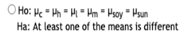 O Ho: H = Hn = H = m = soy Hsun Ha: At least one of the means is different