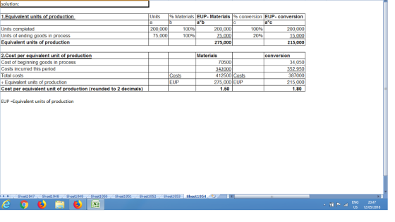 solution: 1.Equivalent units of production Units 196 Materials EUP-Materials l % conversion | EUP-conversion | ac 200,000 75