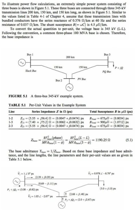 To illustrate power flow calculations, an extremely simple power system consisting of three buses is shown in Figure 5.1. The