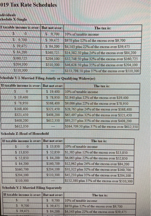 019 Tax Rate Schedules A dividuals hedule X-Single f taxable income is over: But not over: The tax is: ANS $ 9.700 10% of tax