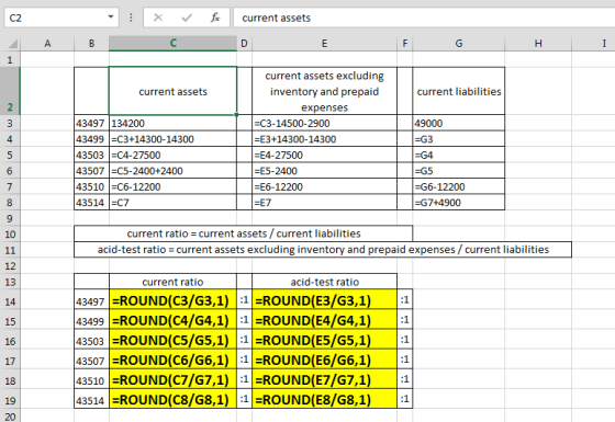 fc current assets ДА В E F G H I current assets current liabilities 43497 134200 43499 =C3+14300-14300 43503 =C4-27500 435071