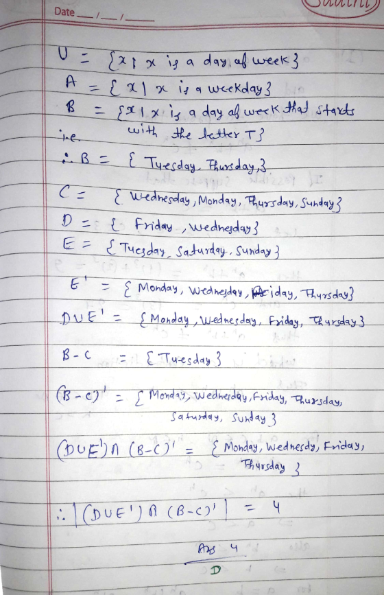 Date = {xxx is a day of week} A { x 1 x is a weekday 3 B = {1x is a day of week that starts with the letter T3 he a B = { Tue