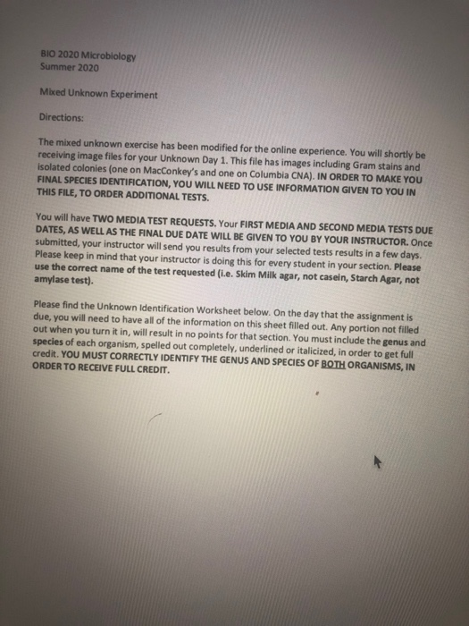 BIO 2020 Microbiology Summer 2020 Mbed Unknown Experiment Directions: The mixed unknown exercise has been modified for the on