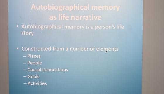 Autobiographical memory as life narrative Autobiographical memory is a persons life story . Constructed from a number of ele