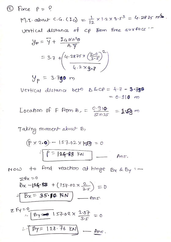 © Force P=9 M. . about C-G.(IG) = vertical distance of cp x1-243.53 = 4,2875 m. from free surface :- Yp= ýt IG sinzo А. = 3.7
