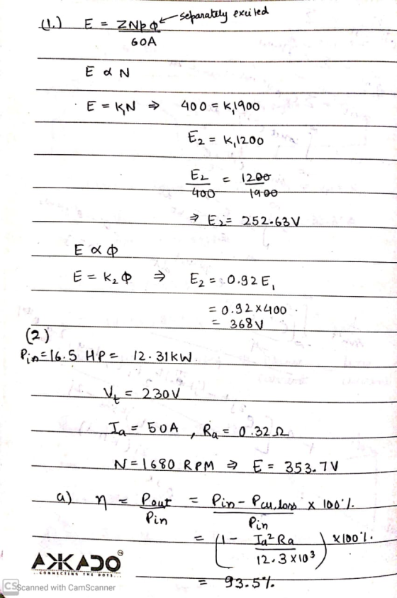 the = ZNb or separately excited . 60A EAN E = kn = 400 = k1900- Ez = 5,1200 EL - 1200 400 1900- > E2= 252.63V Exo E = K20 → E