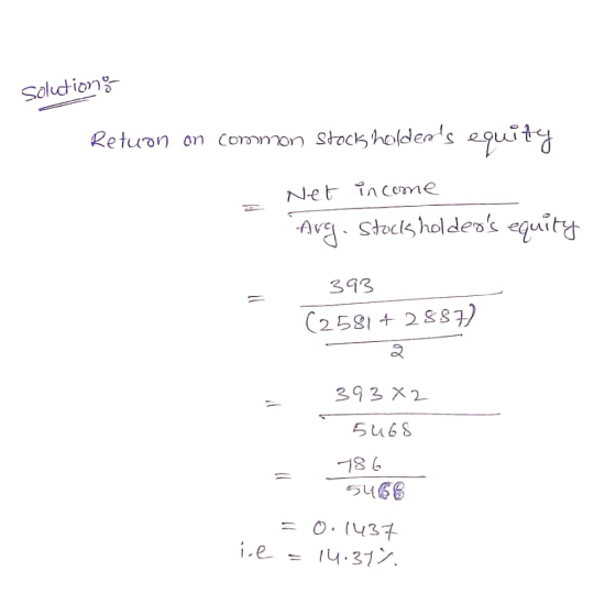 solutions Retuon on common stock holders equity Net income Arg. Stocks holders equity 393 (258142857) - 2 39382 - 5468 = 78