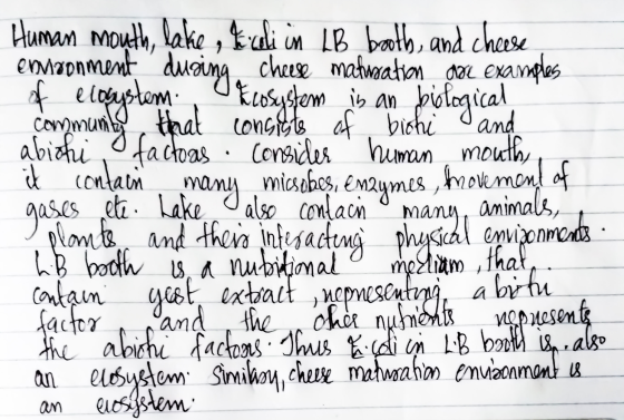 Human mouth, lake , & coli in LB booth, and cheese enmoonment during cheese matisation aor examples of ecosystem acosystem is
