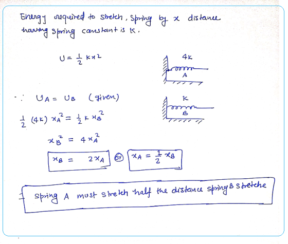 Energy required to Shelch, Spring by a tharing Spring constant is ti distance U= 12 kn 2 4k .: VAS UB (aiven) Ž (46) XA² = {
