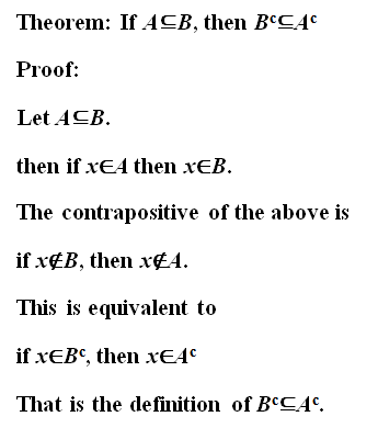 Theoreim: If ACB, then BCCA Proof: Let ACB. then if xEA then xEB The contrapositive of the above is if x¢B, then x£4 This is