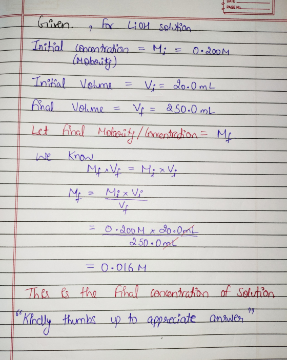 DATE PAGE Na Giren. for Lion solution 9 - 0.200M Initial concentration (molarity) Initial Volume - Vi = 20.0 mL - we fhal Vol