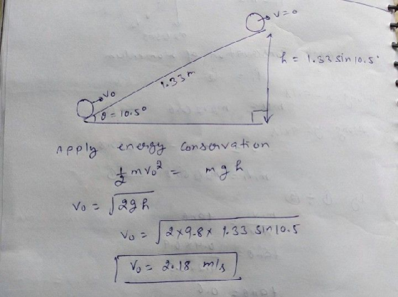 V-a Go h = 1.33 sin 10.5 1.33m 19 - 10.50 Apply energy conservation. Im mv.2 mgh Vo= 129 h Vot 2x9.84 1.33 Sin10.5 Vo = 2.18