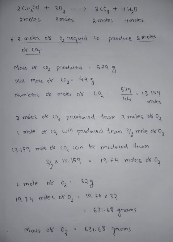 V 2CH₂OH + 30 zmoles 3 moles 200₂ + 4H₂O 2 moles 4 moles o nequid to produce a moles *3 moles of of com Mass of coa produced