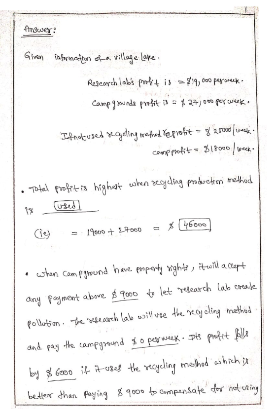ARANDE. . Answer: Given information of a village Lake. Research labs profit is = $19, coo per week. Campgrounds profit is =