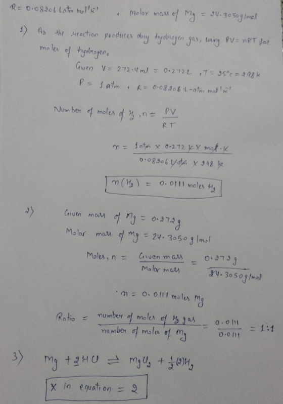 R = 0.08206 Latom medle molar mass of Mg = 24.3050 glmal 3) As the reaction produces day tydrogen gas, using PV = nRT for mol