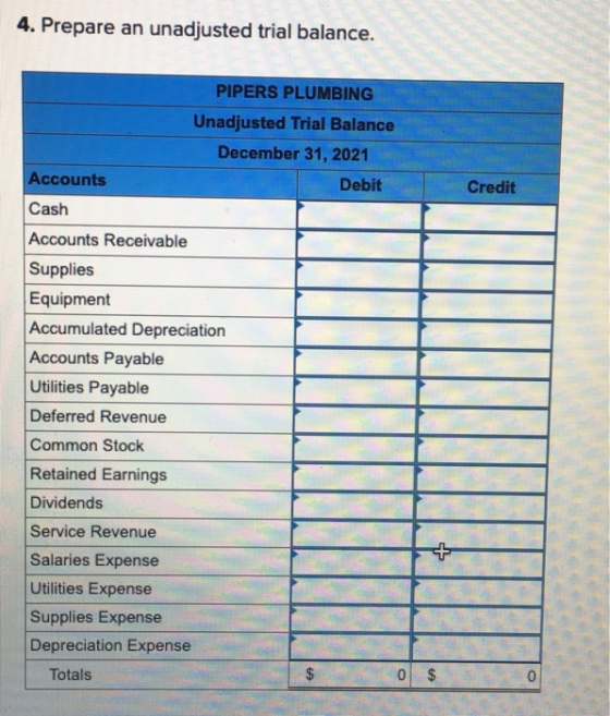 4. Prepare an unadjusted trial balance. Credit PIPERS PLUMBING Unadjusted Trial Balance December 31, 2021 Accounts Debit Cash