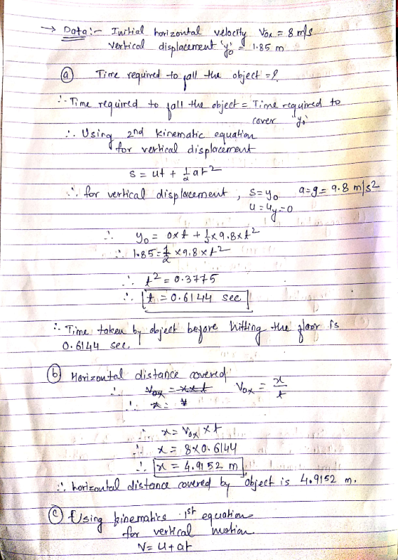 Iwthial hori zontal Vo8m >Data Nertical displacmento 85 m to tall t obiect Time -TMe Tequirtd to all Hae object=. to etquined