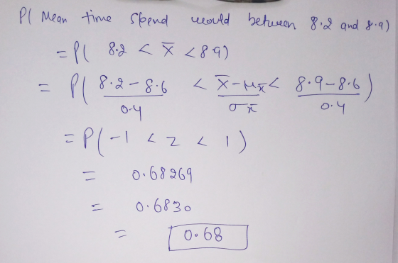 Pl Mean time sleend would between 8.2 and 8.9) = Pl 8.2 <x<89) 8.2-806 <X-MEL 8.9-8.6 04 ory - 1 L L2LI) = PL о EPI-1 = 0.682