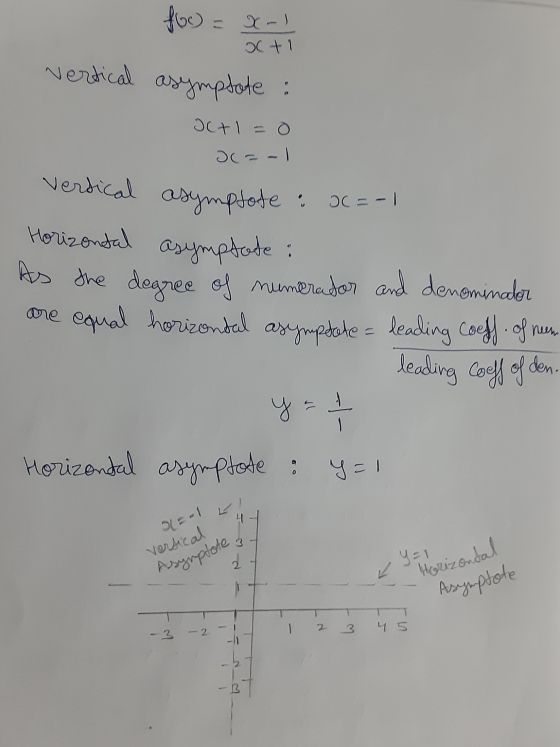 foc) = x-1 ti vertical asymptote : ICHI C = -1 vertical asymptote : Horizontal asymptate : As the degree of numerator and den