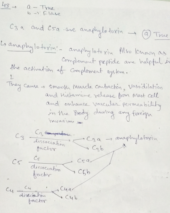 43 a- b -) True flase Cza and C5a - are anaphylo toxin → @ True anaphylotoxin - anaphylotoxin Also known as - complement pept