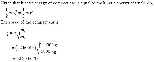 Given that kinetic energy of compact car is equal to the kinetic energy of truck. So, The speed of the compact car is 2. me =