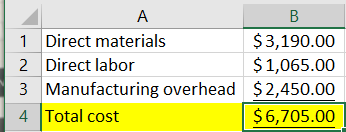 A B 1. Direct materials $3,190.00 2 Direct labor $ 1,065.00 3 Manufacturing overhead $2,450.00 4 Total cost $6,705.00