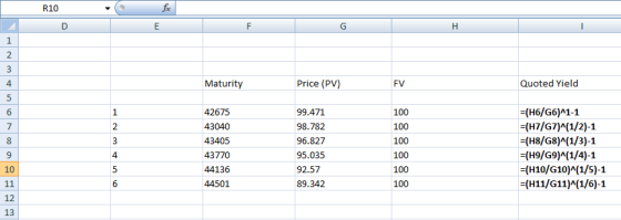 R10 H Maturity Price (PV) FV Quoted Yield 100 42675 43040 43405 43770 44136 44501 99.471 98.782 96.827 95.035 92.57 89.342 10
