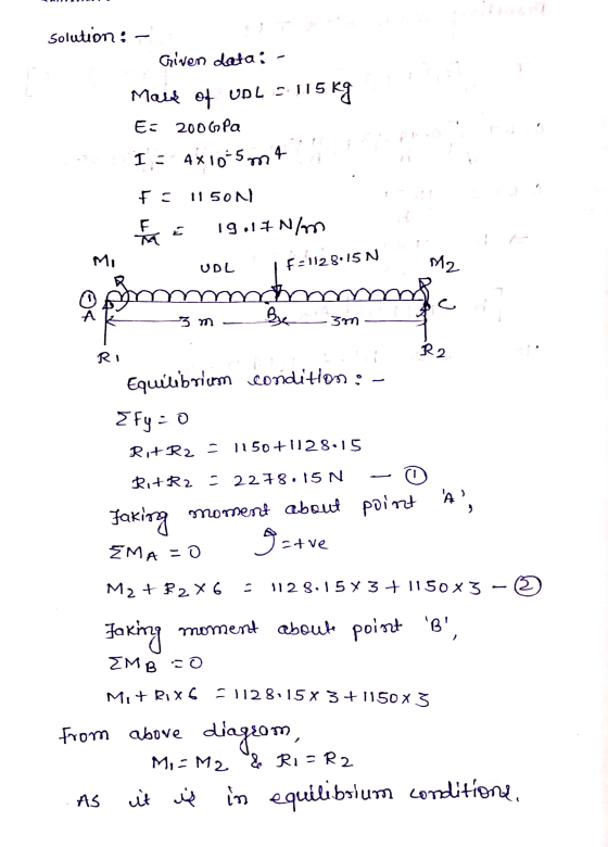 Solution : Given data: Meld of UDL = 115 115 kg Es 2006 Pa I = 4x10-5m 4- F = 11 50N) I na E 19.17 N/m MI UDL F=1128.15 N M2
