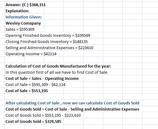 Answer: (C) $368,151 Explanation: Information Given: Wesley Comapany Sales = $595309 Opening Finished Goods Inventory = $1095