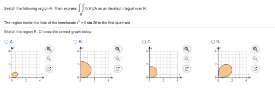 Sketch the following region R. Then express Sfer f(r,0)dA as an iterated integral over R. R The region inside the lobe of the