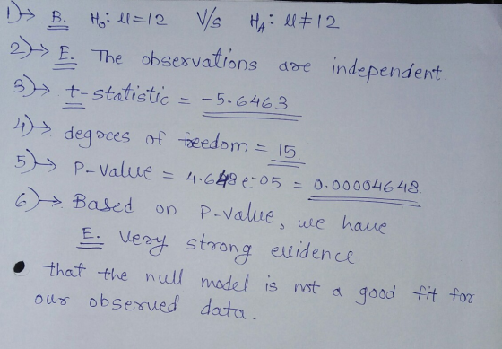 B. Ho 12 obsexvations ae independent E The +-statistic - -5-6463 deg dees of eedom 5 P-Value 4-68 05 0.000046 48 on P-value,
