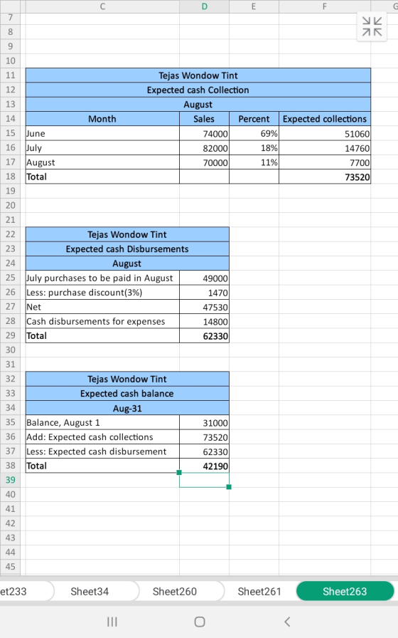 AR SK 13 Month 14 June July 17 August Total Tejas Wondow Tint Expected cash Collection August Sales Percent 74000 69% 82000 1
